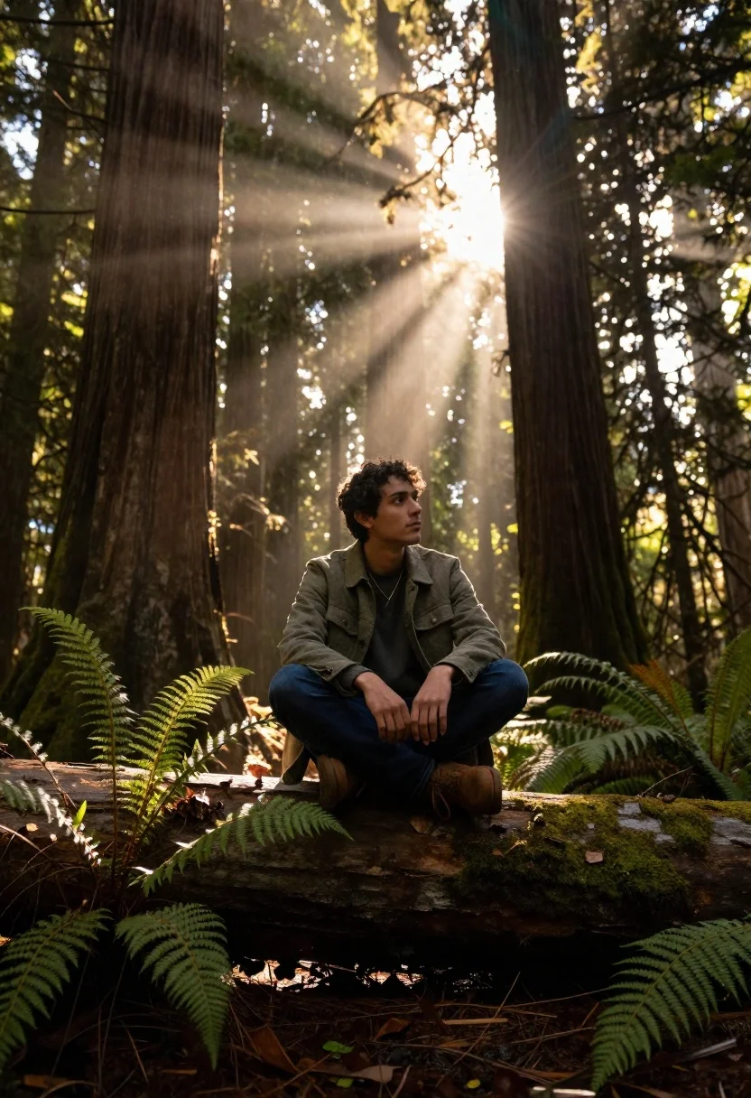 Young man sitting on log in redwood forest during golden hour - AI generated image prompt sample