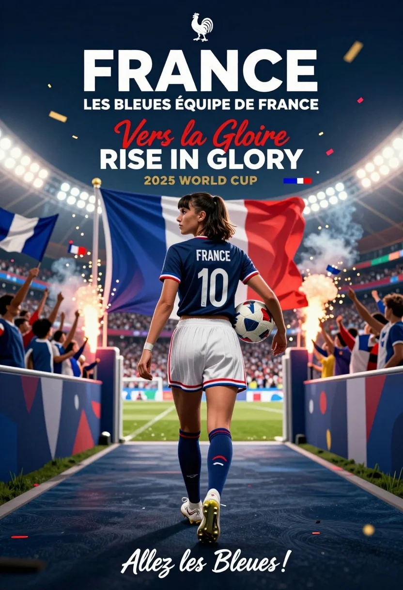Soccer player walking through stadium tunnel towards cheering crowd and french flag - AI generated image prompt sample