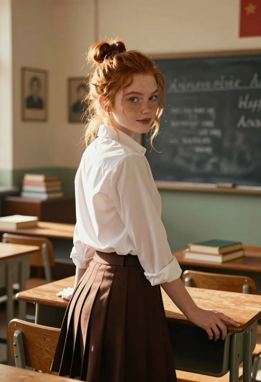 Young woman with red hair in white shirt leaning on wooden desk - AI generated image prompt sample