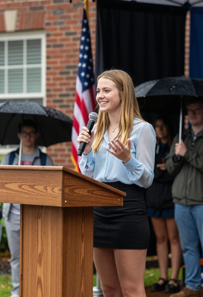 Young blonde woman speaking at podium outdoors during rainy event - AI generated image prompt sample