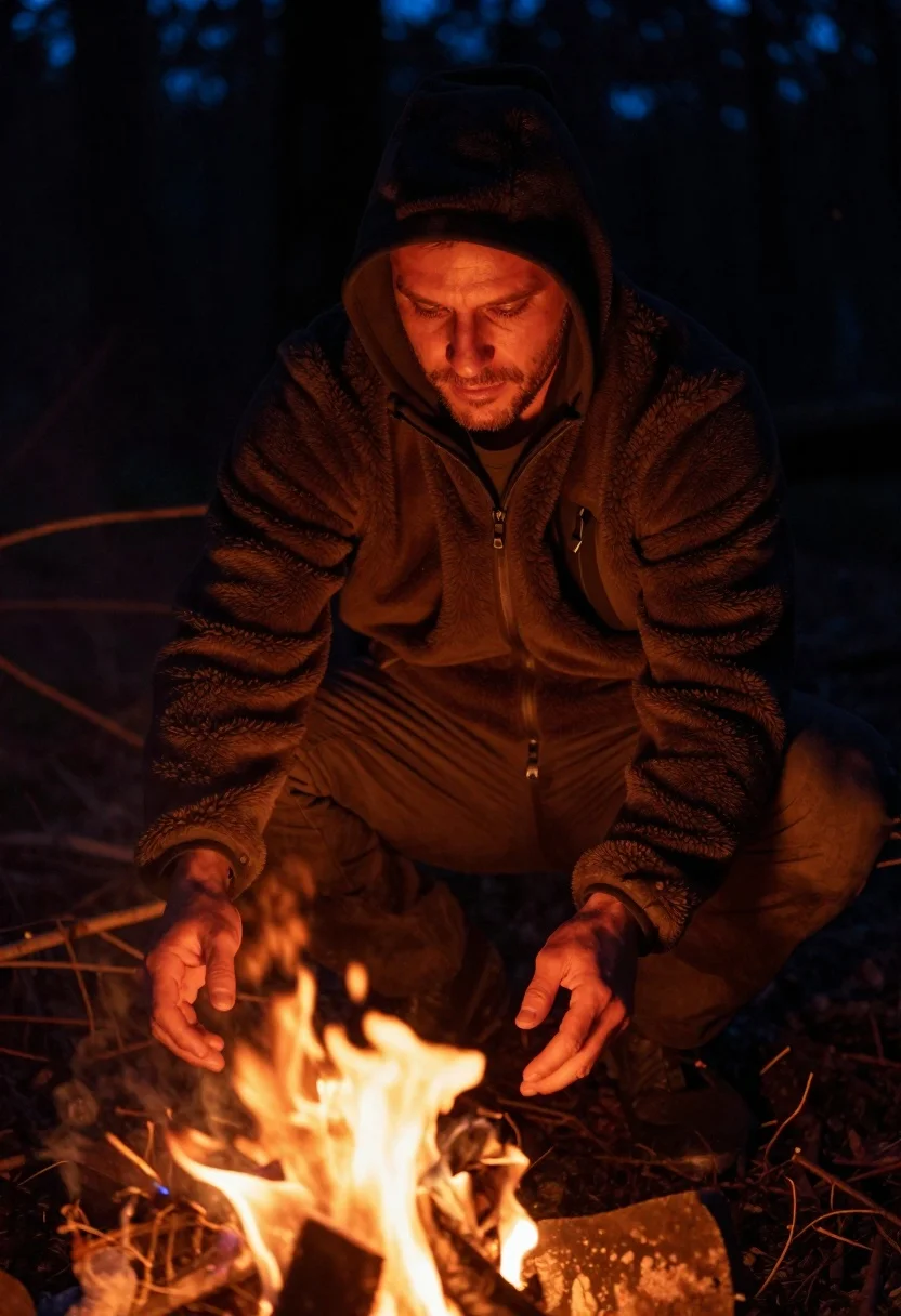Man crouching by a campfire at night in forest - AI generated image prompt sample