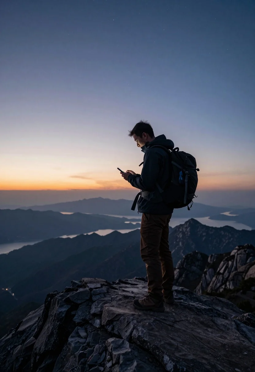 Hiker on mountain peak looking at smartphone during twilight hours - AI generated image prompt sample