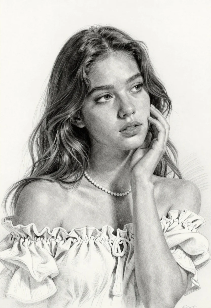 Detailed pencil sketch of young woman touching cheek in white void - AI generated image prompt sample