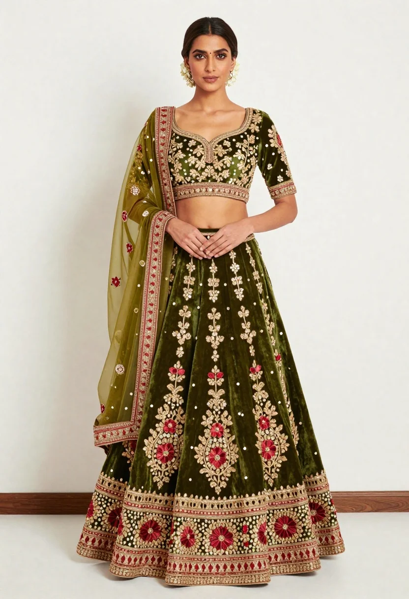 Full length portrait of woman in embroidered olive green lehenga choli