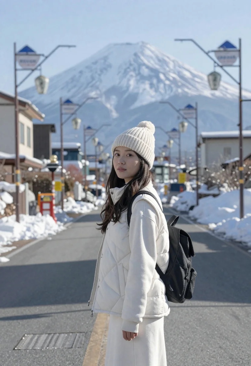 Young woman in white winter clothes on snowy street with mount fuji - AI generated image prompt sample
