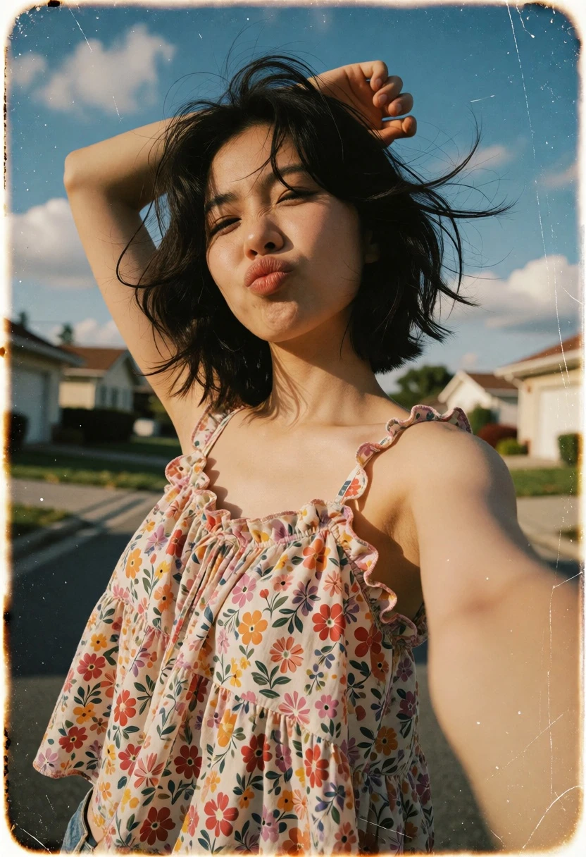 Young woman taking a playful selfie on suburban street under bright sunlight - AI generated image prompt sample