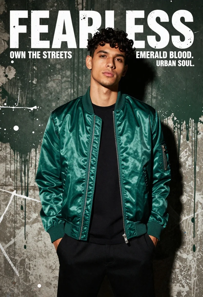 Young man in emerald bomber jacket against distressed concrete wall - AI generated image prompt sample