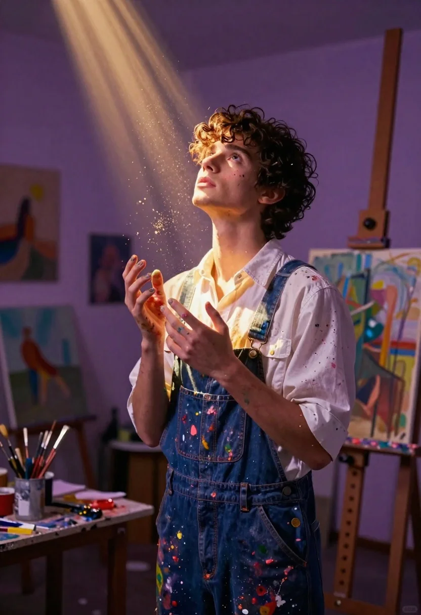 Young man in paintsplattered overalls looking up in an art studio - AI generated image prompt sample