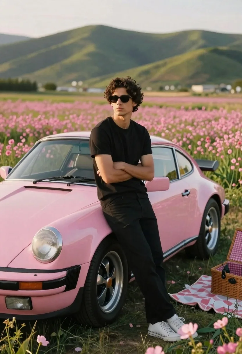Young man leaning on pink sports car in wildflower meadow at golden - AI generated image prompt sample
