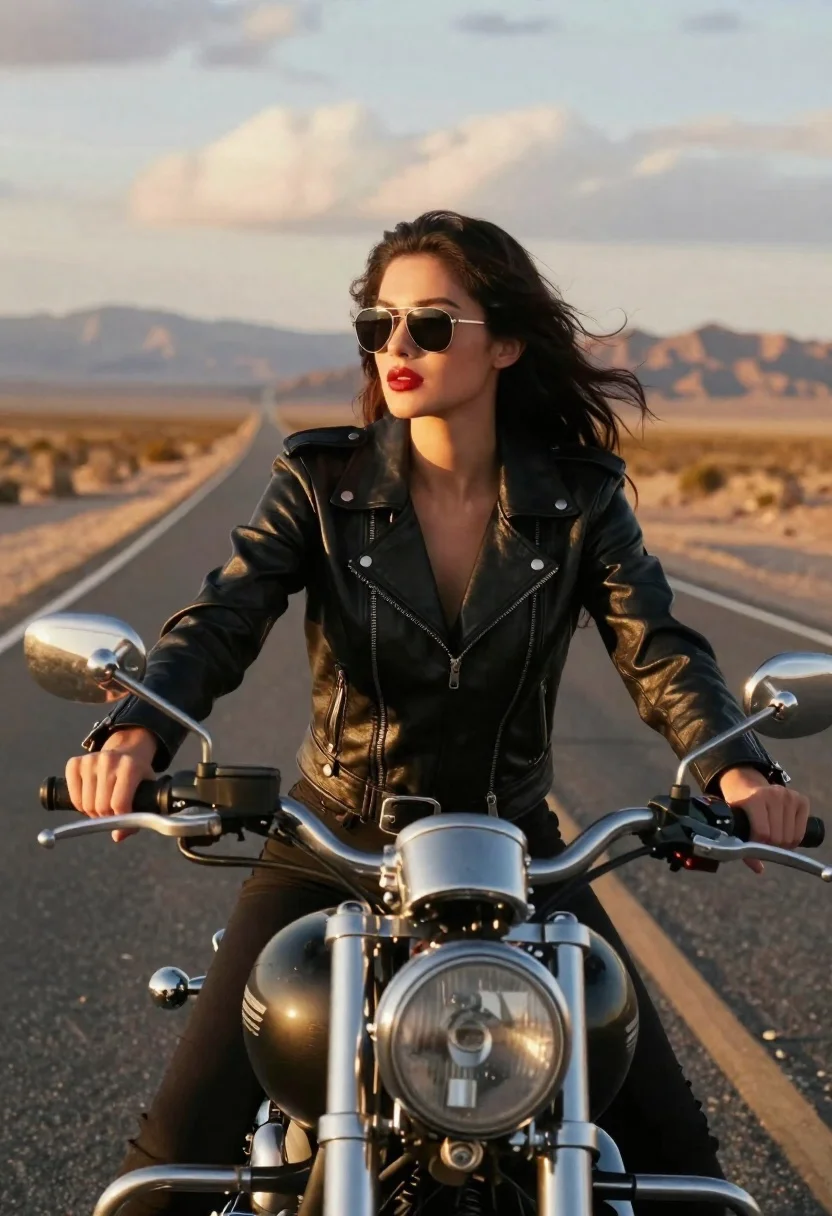 Woman on motorcycle riding down desert highway at golden hour