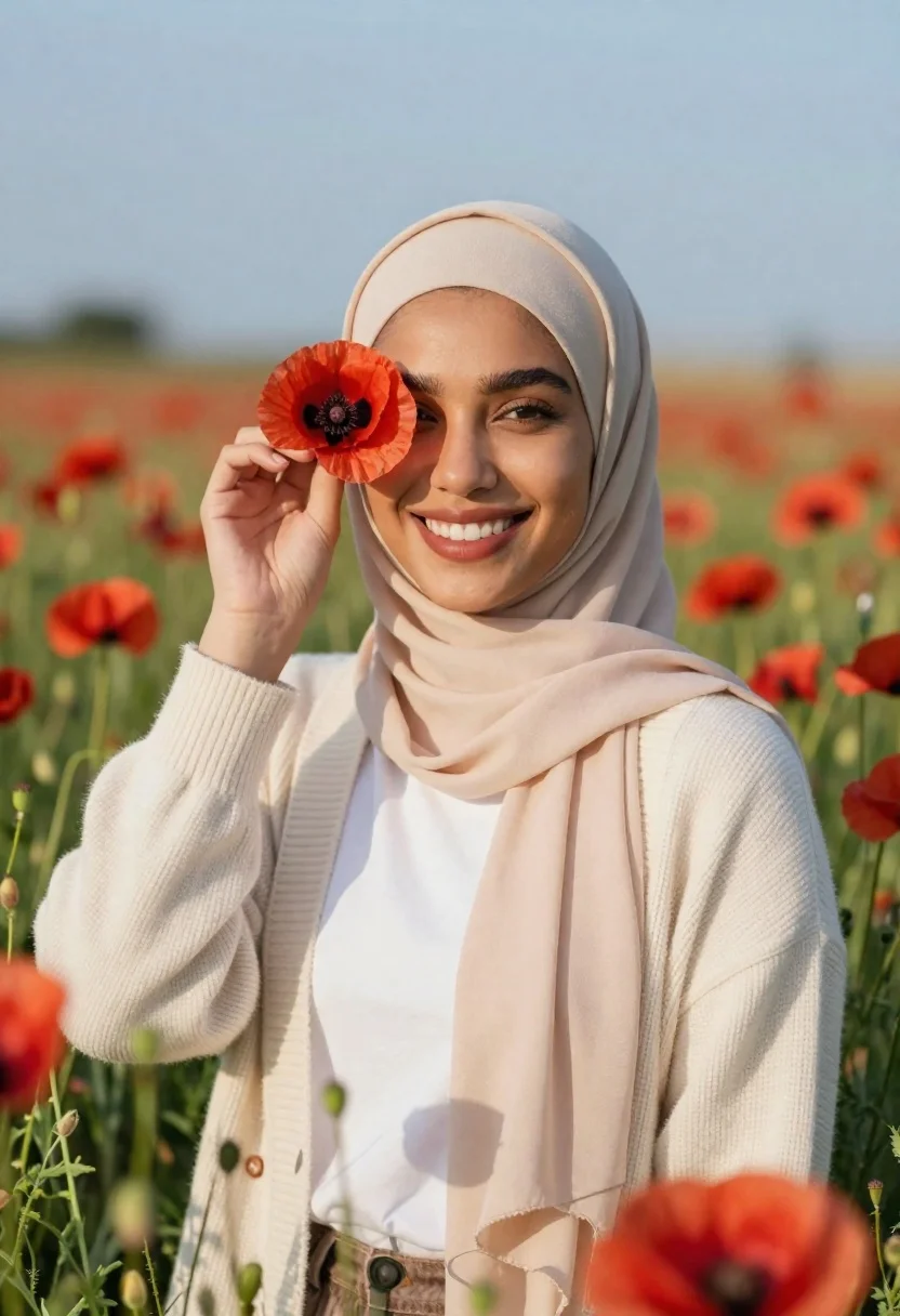 Smiling woman in beige hijab holding red poppy flower near eye - AI generated image prompt sample