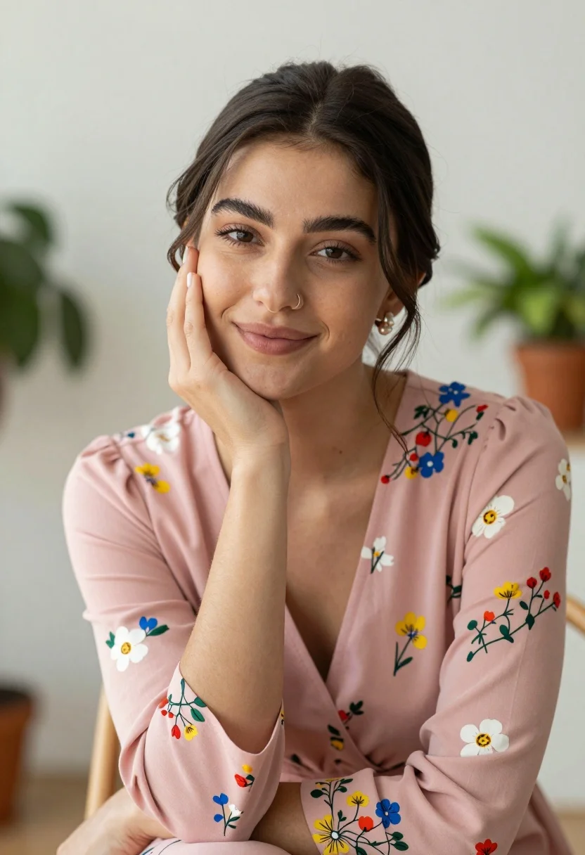 Young woman with dark hair in pink floral dress indoors portrait - AI generated image prompt sample