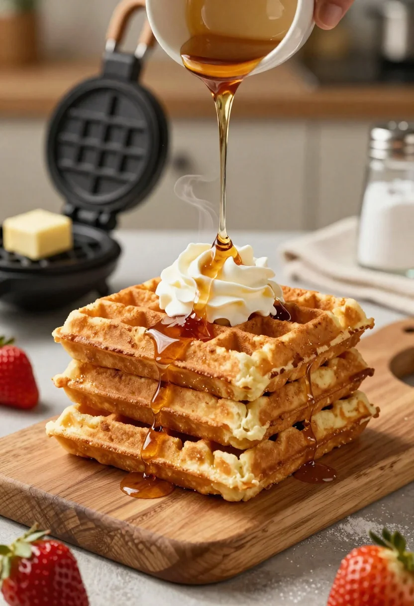 Close up of golden belgian waffles with maple syrup and whipped cream
