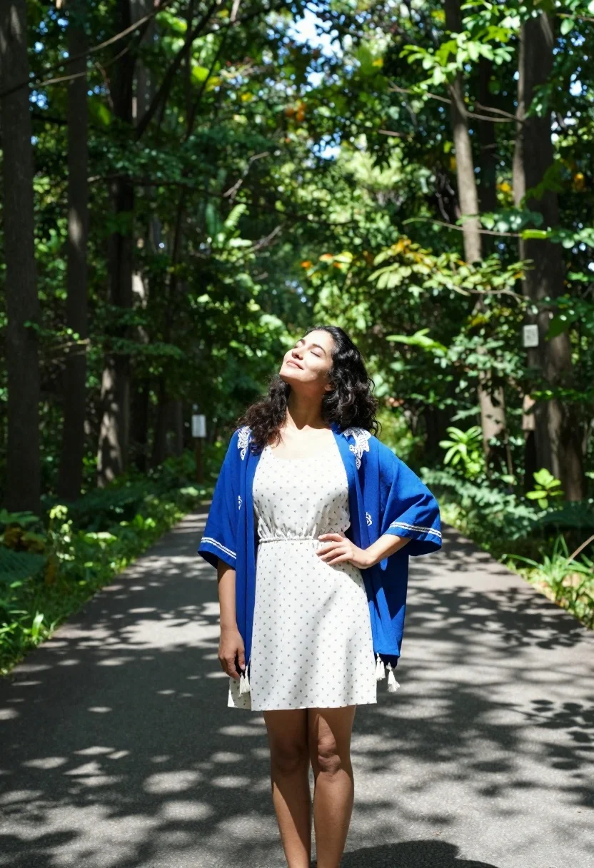 Woman in polka dot dress and blue kimono on forest path