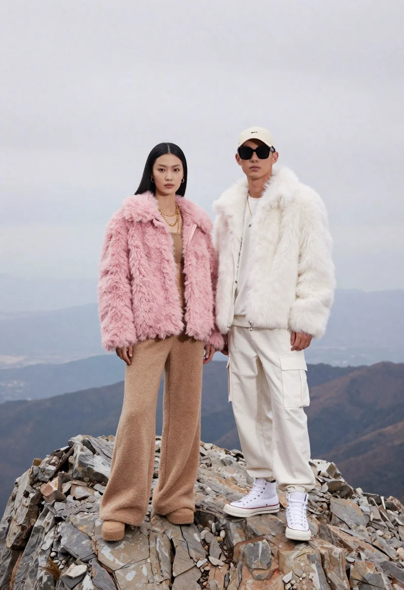 Two models on a rocky mountain peak under overcast sky