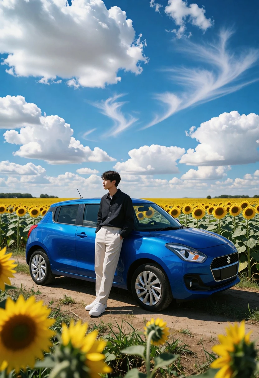 Young man leaning on blue hatchback in vast sunflower field under bright - AI generated image prompt sample