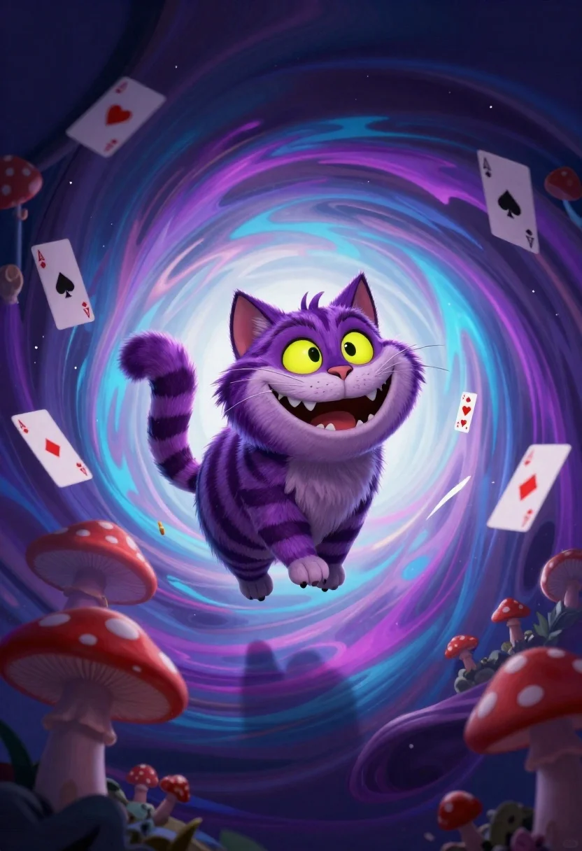 Cheshire cat in surreal vortex tunnel with playing cards