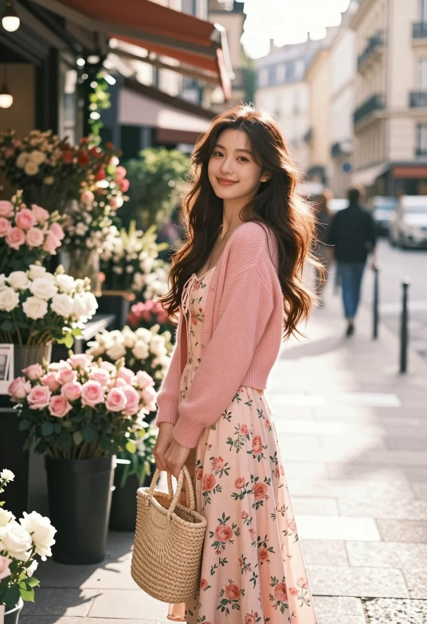 Young woman in pink cardigan by flower shops on sunlit european street - AI generated image prompt sample