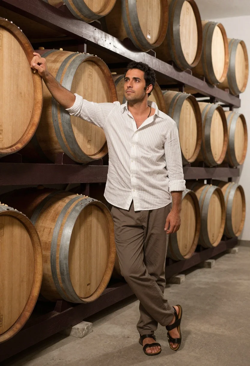 Man leaning against wooden barrels in a dimly lit cellar storage room - AI generated image prompt sample