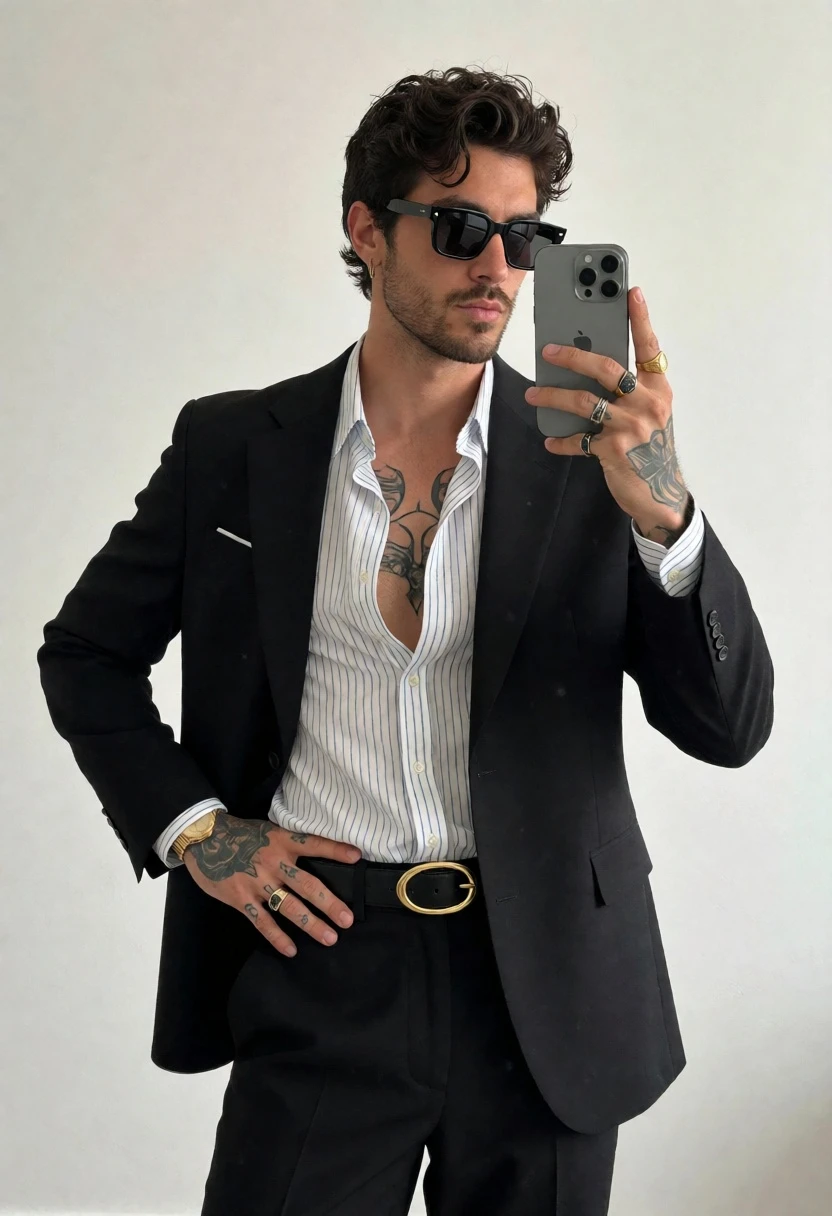 Young man taking mirror selfie in black suit against white wall - AI generated image prompt sample