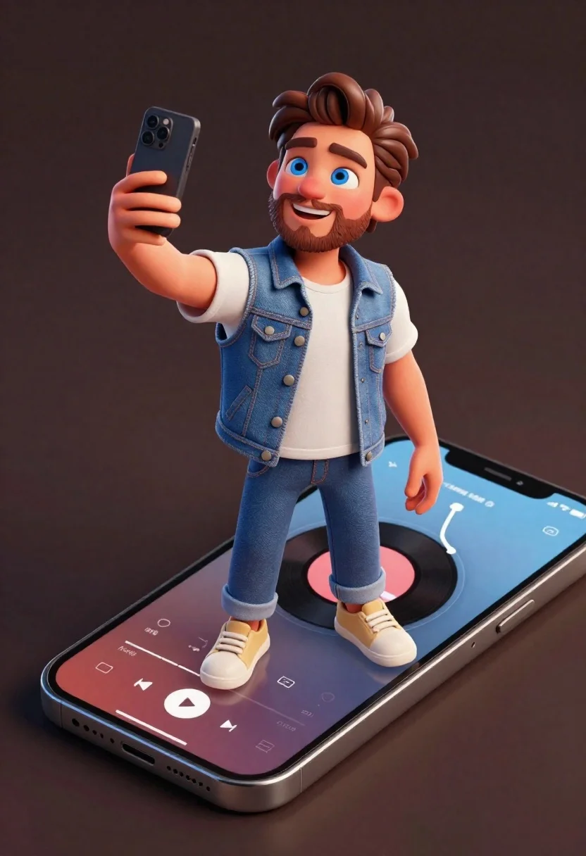 Cheerful young man taking selfie while standing on giant smartphone screen - AI generated image prompt sample