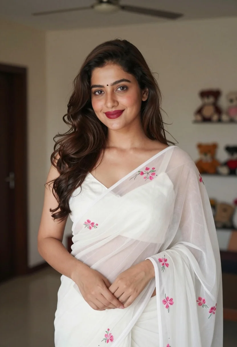 Young woman in white embroidered saree smiling indoors with soft natural light - AI generated image prompt sample