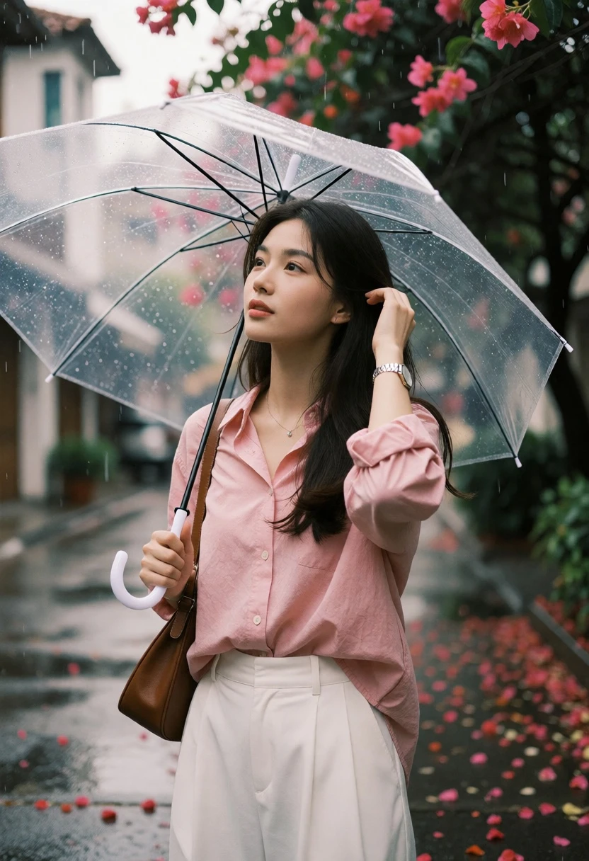 Young woman in pink shirt and white trousers standing in the rain - AI generated image prompt sample
