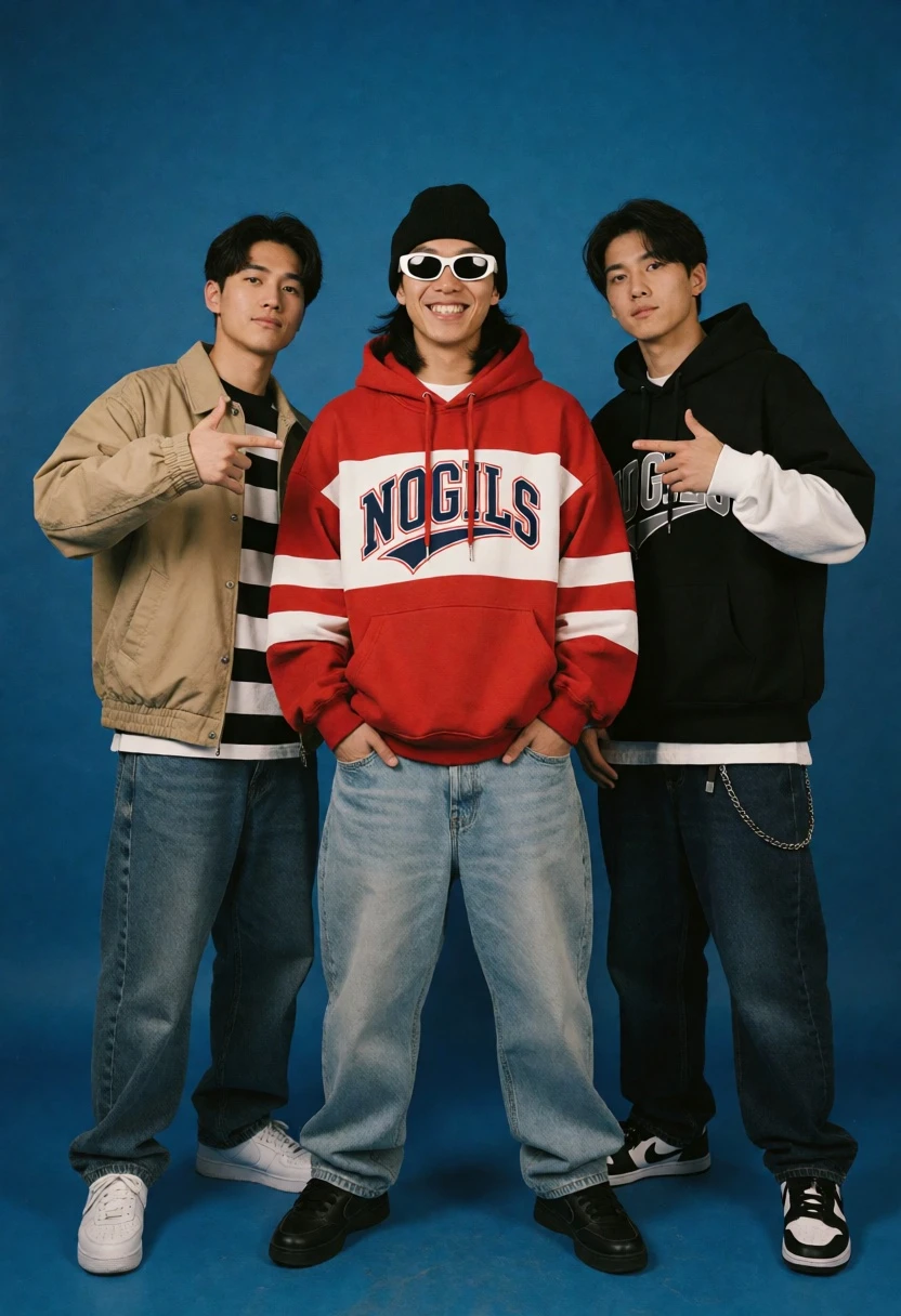 Three young men in streetwear posing confidently against solid blue studio backdrop - AI generated image prompt sample