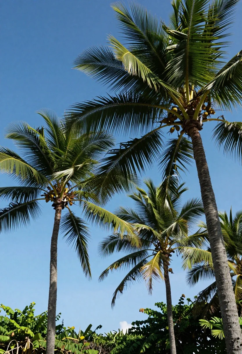 Low angle view of tall coconut palm trees against a clear blue - AI generated image prompt sample