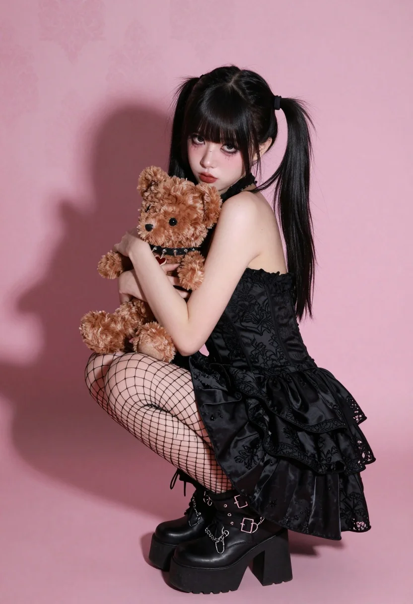 Young woman in black gothic dress hugging teddy bear against pink studio - AI generated image prompt sample