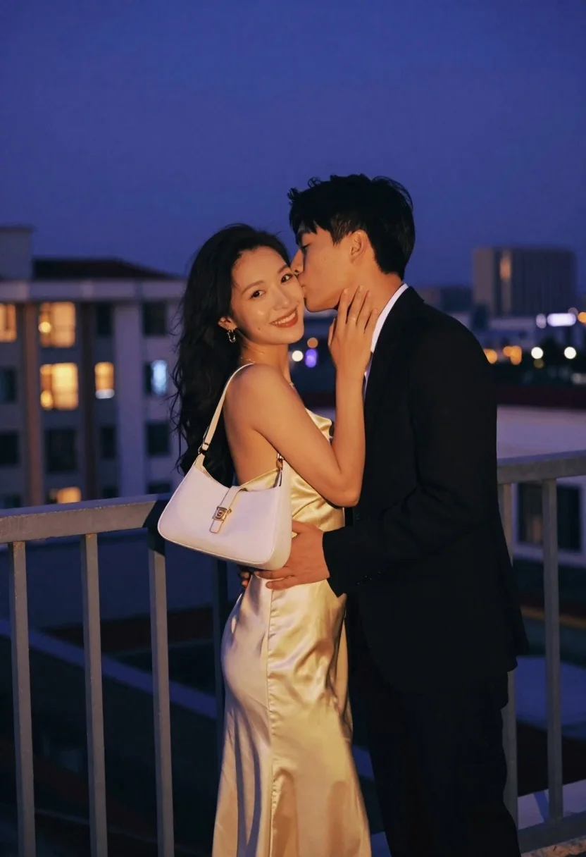 Romantic couple embracing on a rooftop balcony at twilight - AI generated image prompt sample