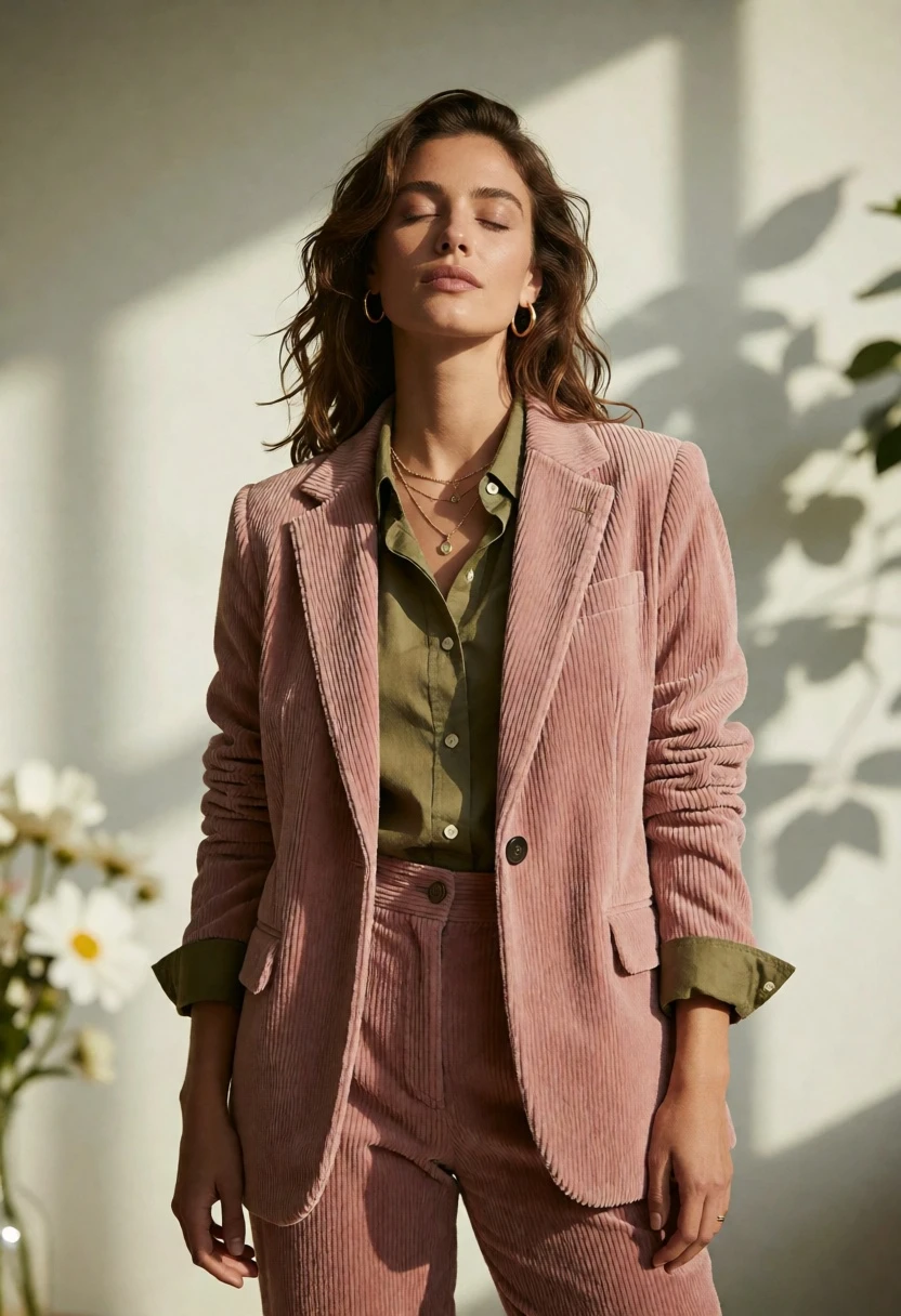 Woman in dusty pink blazer standing indoors with dappled light - AI generated image prompt sample