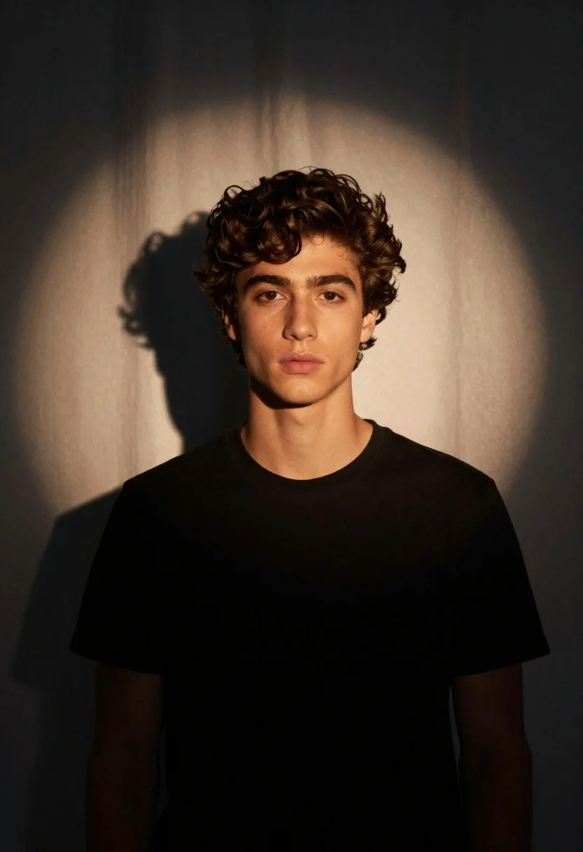 Medium close up portrait of young man in black tshirt studio setting - AI generated image prompt sample