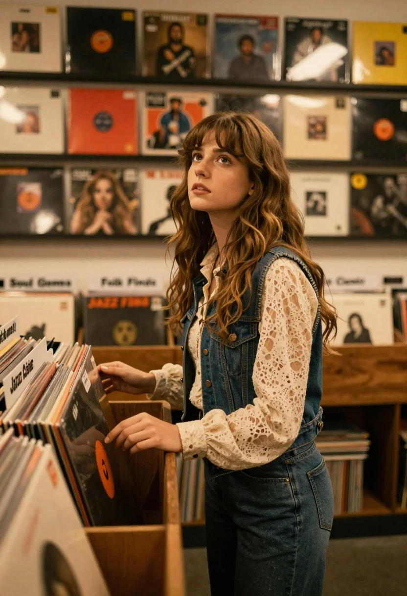 Young woman with brown hair browsing vinyl records in cozy store - AI generated image prompt sample