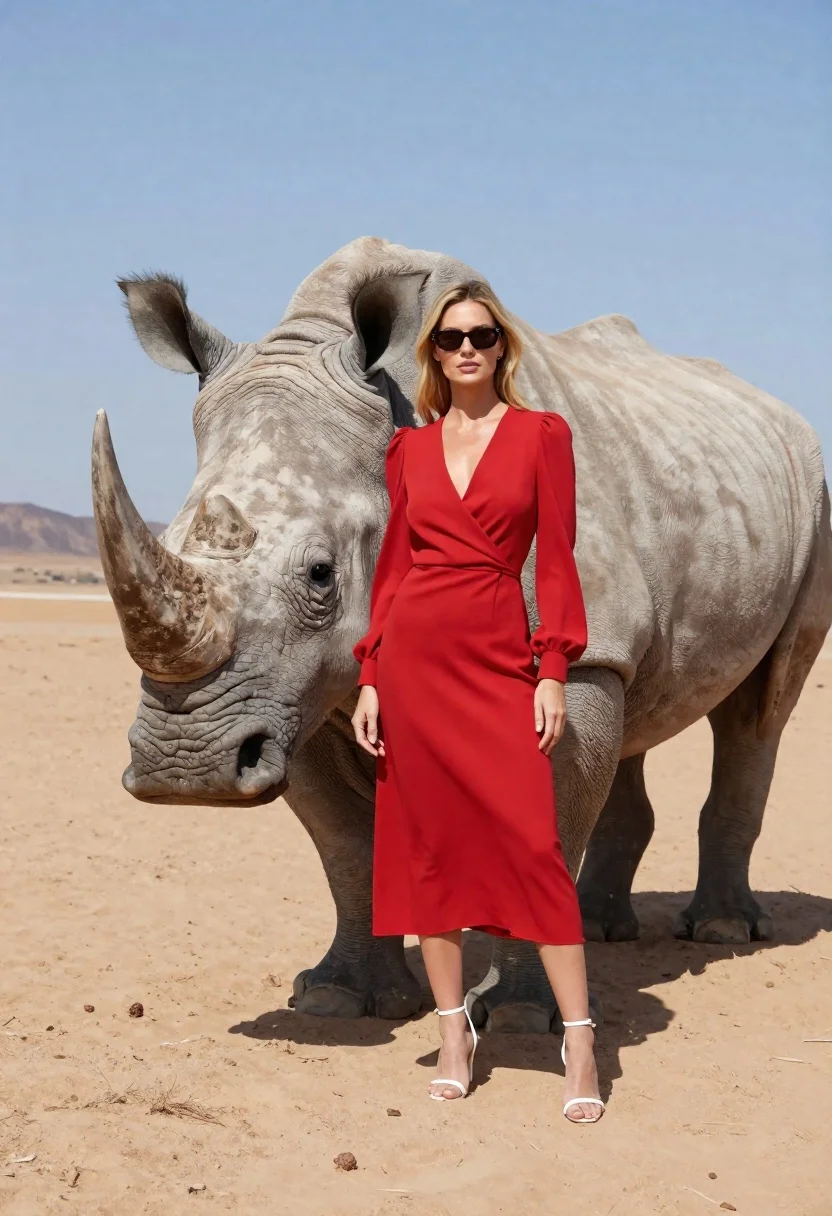 Woman standing with rhinoceros in a desert landscape
