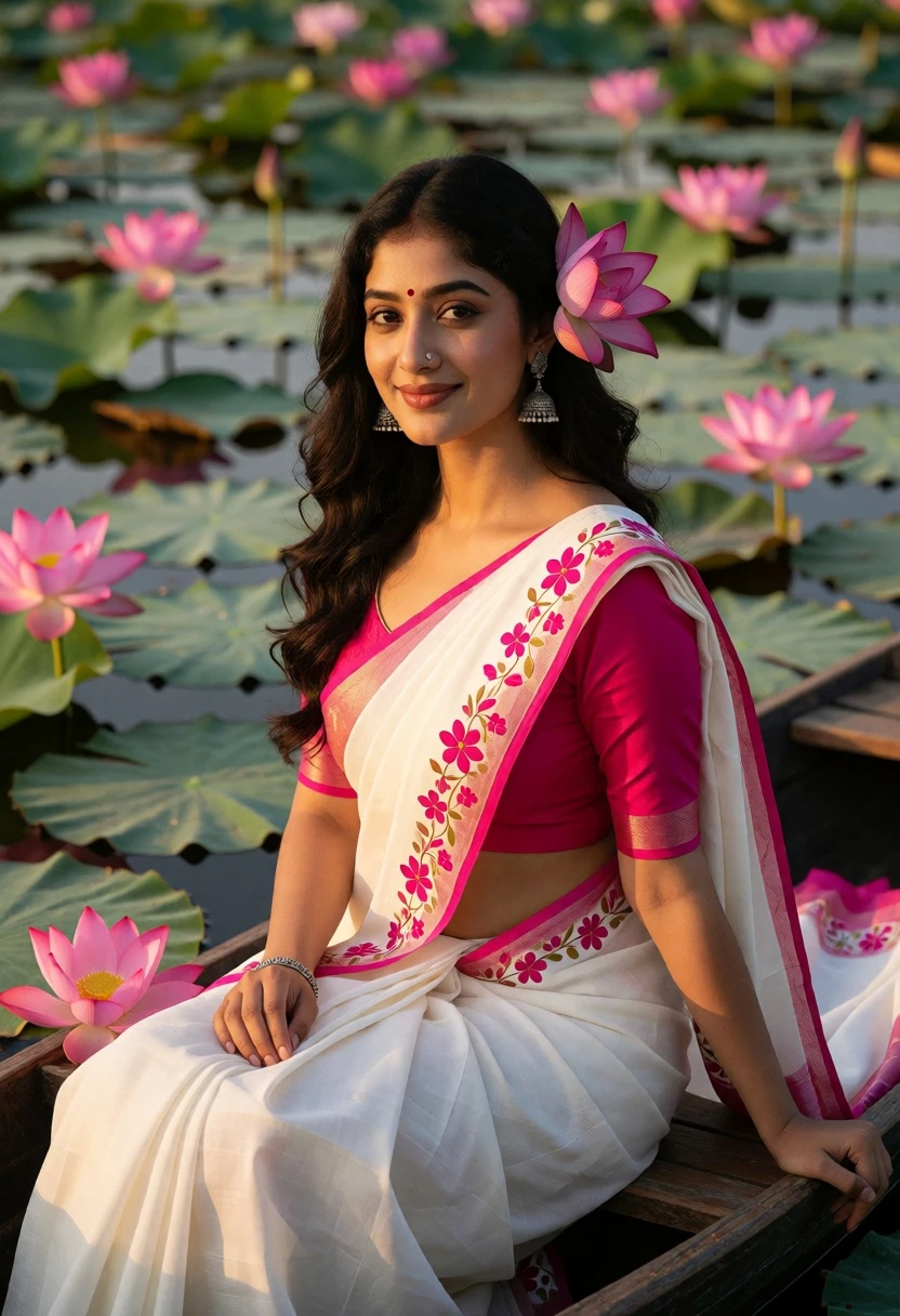 Woman in white saree seated in wooden boat on lotus pond at - AI generated image prompt sample