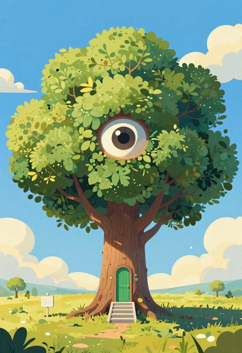 Cartoon surreal treehouse with giant eye and green door