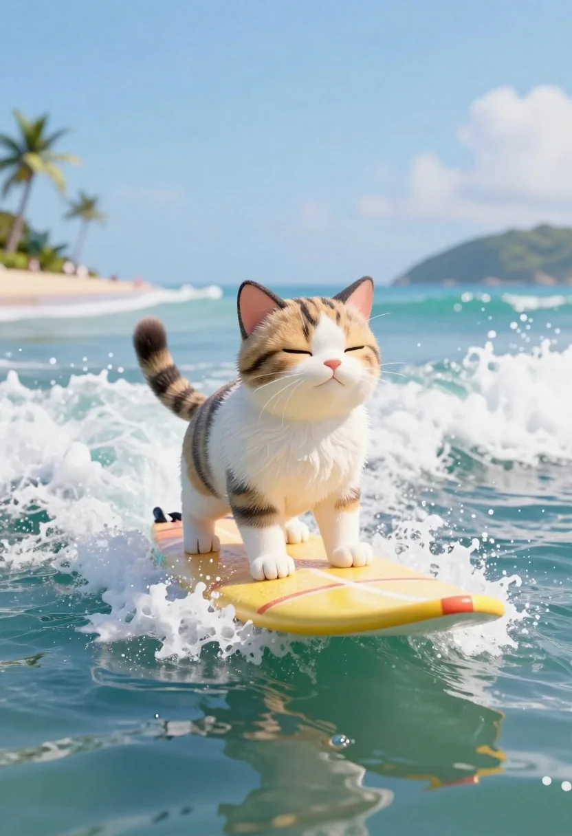 Cat surfing on yellow board in tropical ocean waves - AI generated image prompt sample