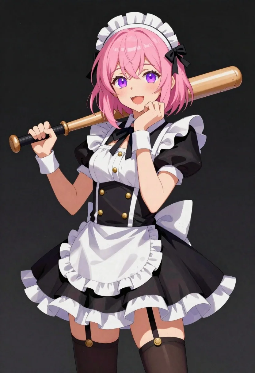 Anime woman in maid outfit holding wooden baseball bat - AI generated image prompt sample