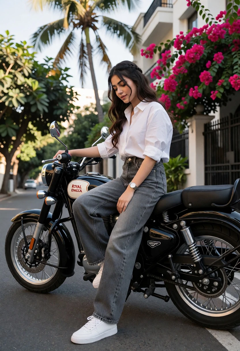 Young woman sitting casually on black motorcycle on an urban street - AI generated image prompt sample