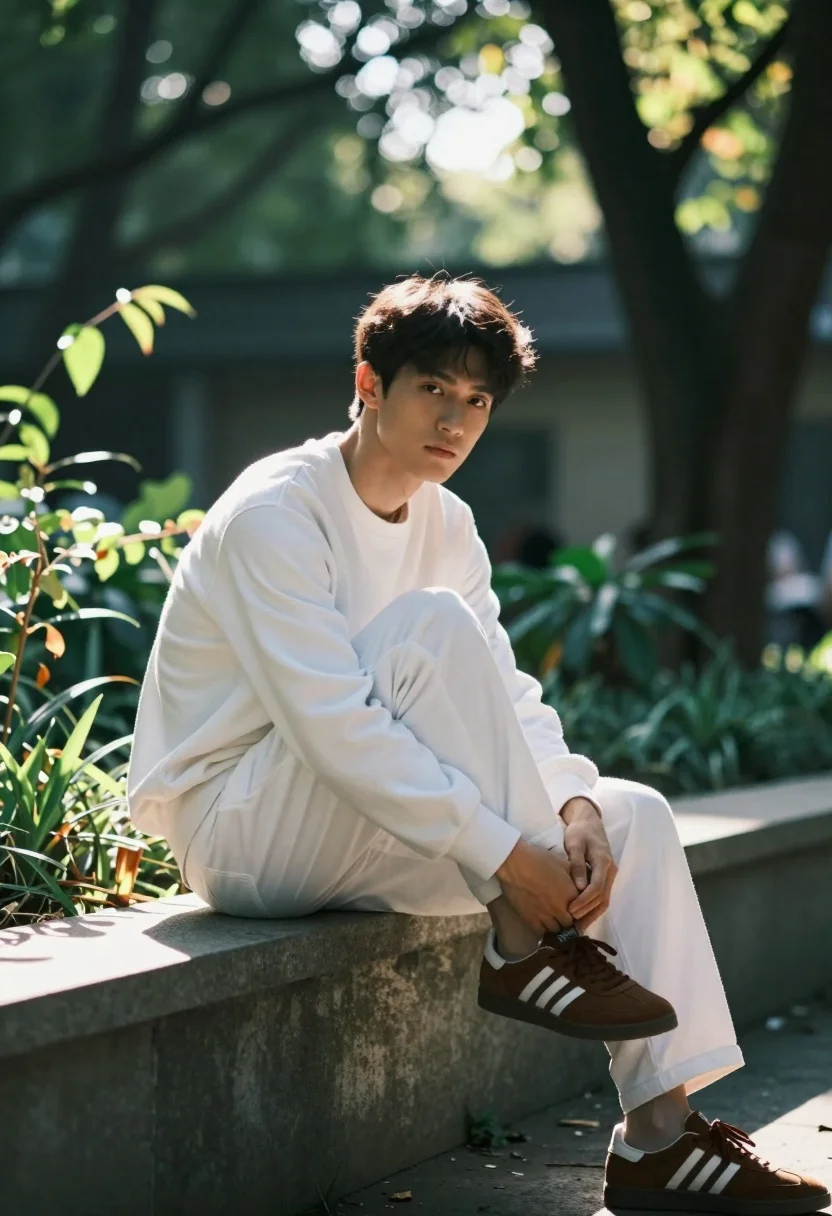 Young man sitting on concrete ledge in sundappled garden setting - AI generated image prompt sample