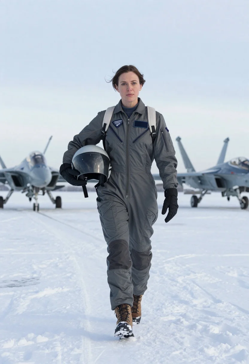Woman in flight suit walking through deep snow airfield