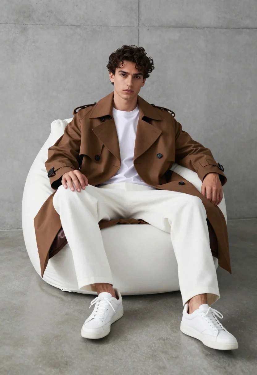 Young man in trench coat sitting on white beanbag chair against grey - AI generated image prompt sample