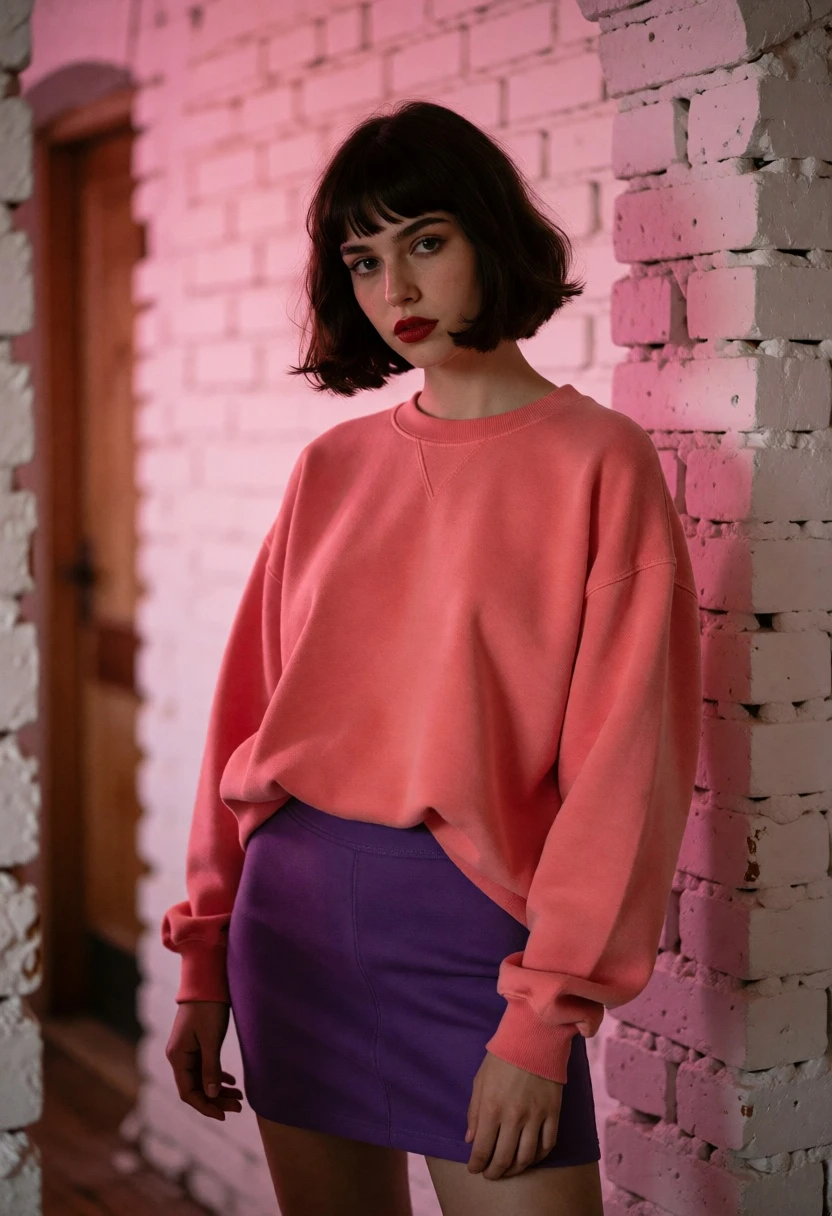 Young woman in coral sweatshirt and purple skirt doorway portrait - AI generated image prompt sample