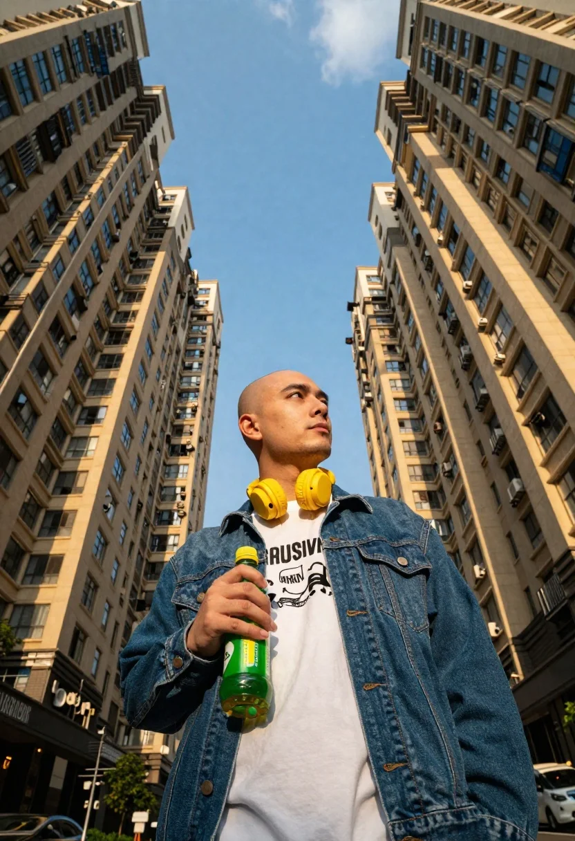 Man with headphones standing between tall apartment buildings