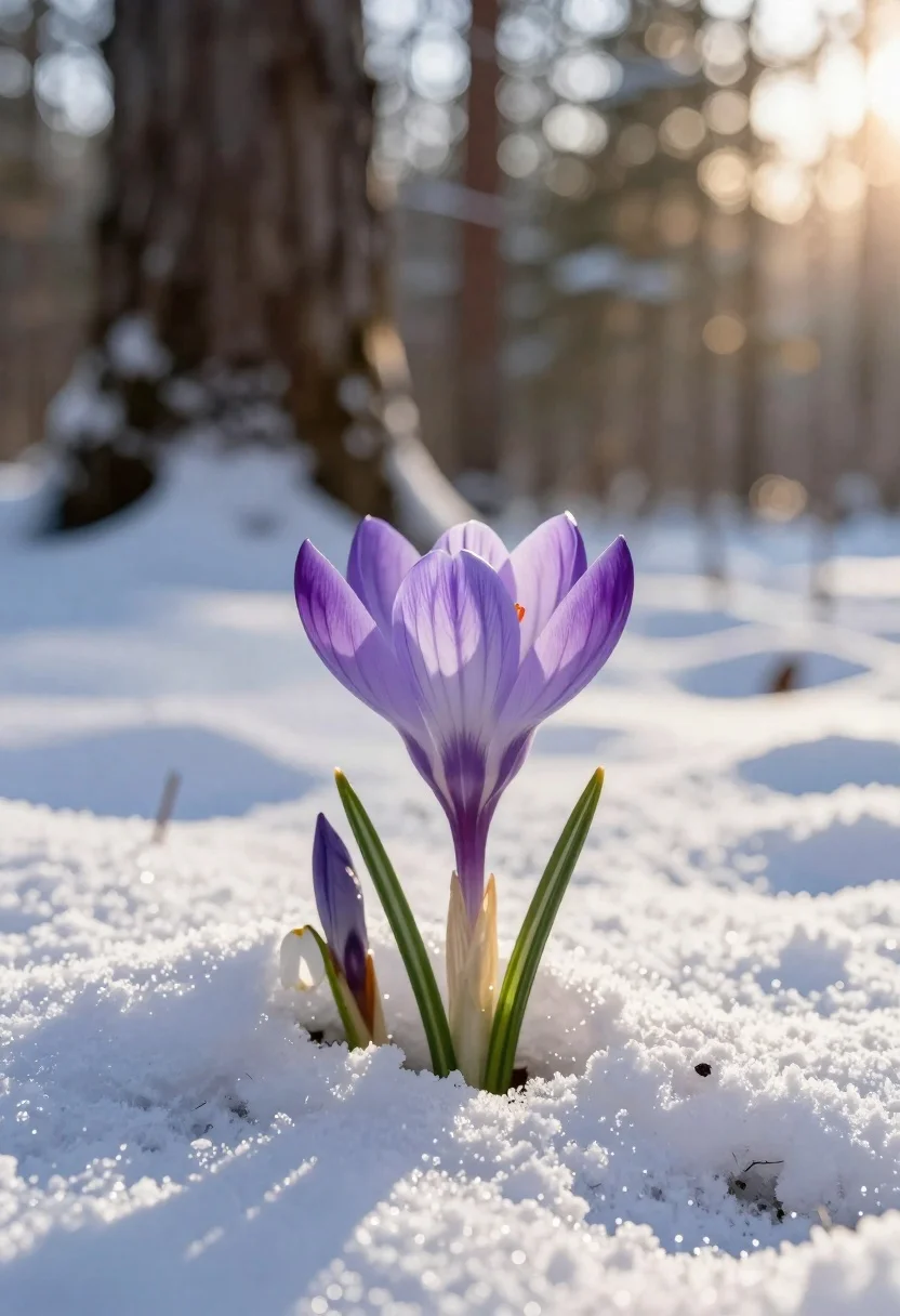 Purple crocus flower emerging from deep snow at sunrise