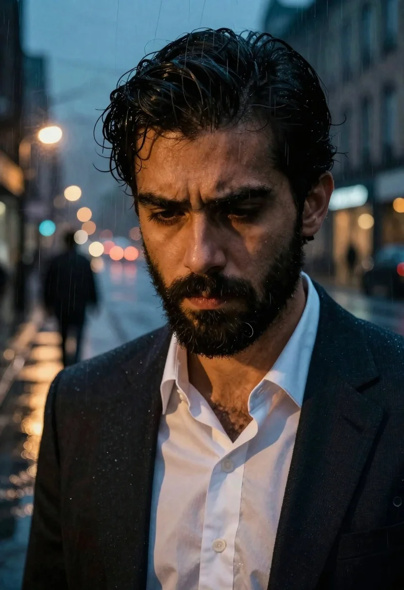Split screen portrait of bearded man against rainy night street scene - AI generated image prompt sample