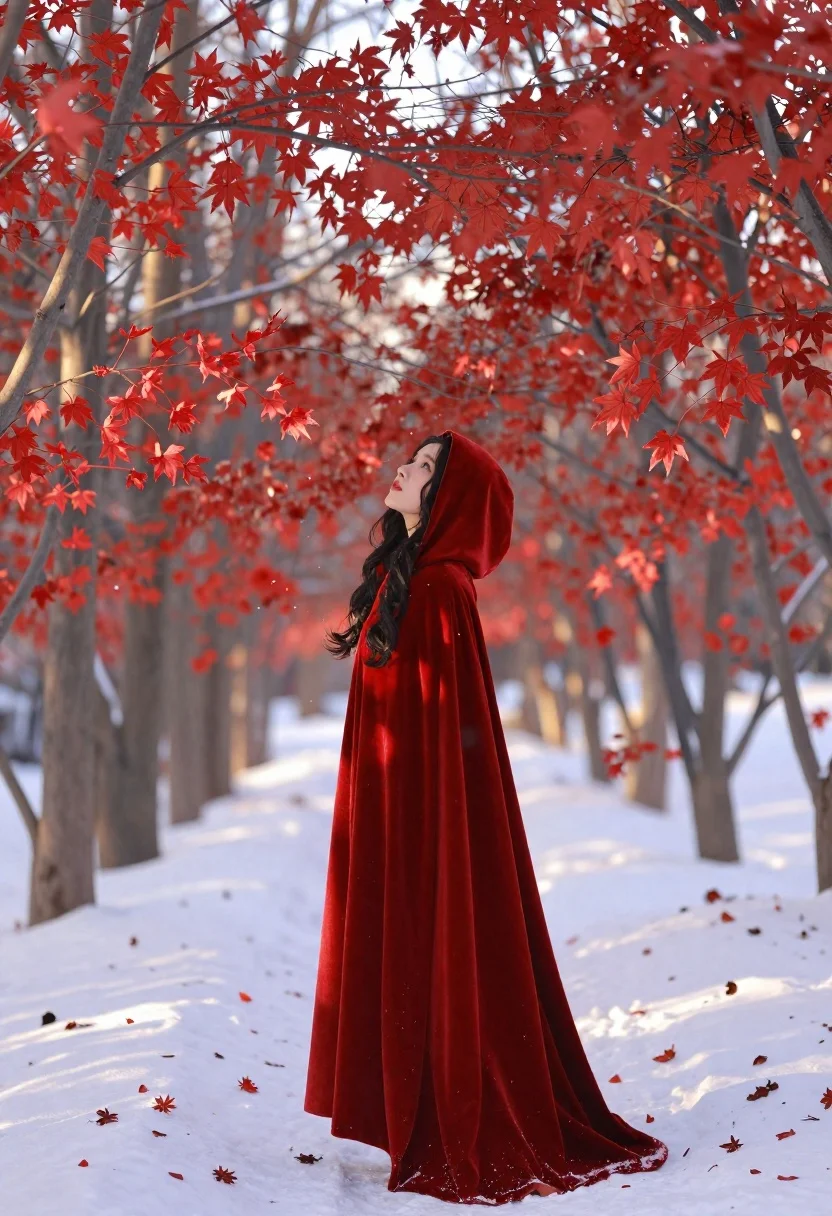 Woman in crimson cloak in snowy forest with red maple trees