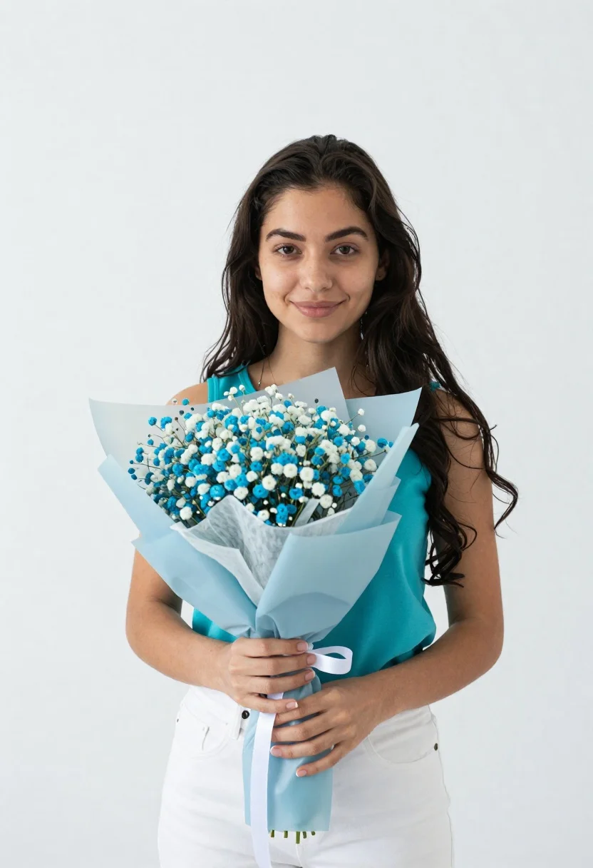Young woman holding babys breath bouquet against a white studio background