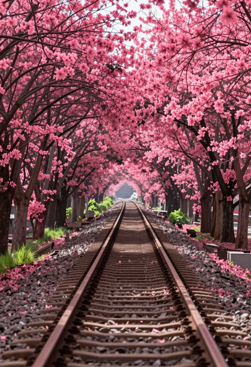 Railway track curving through a tunnel of vibrant pink flowering trees - AI generated image prompt sample